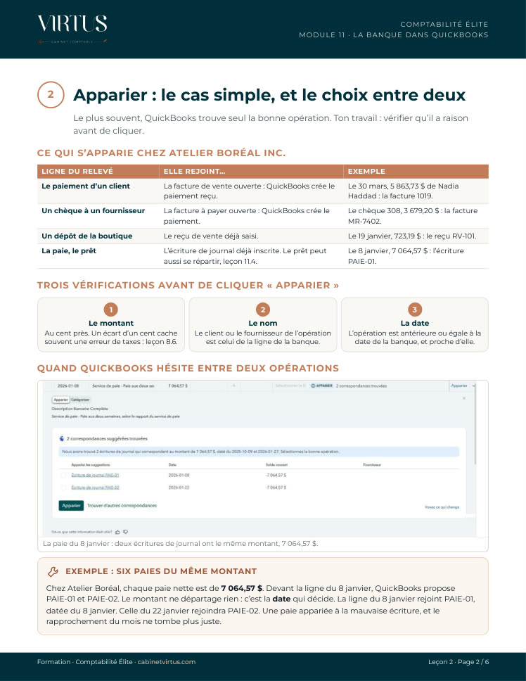 Page de cours du module 11&nbsp;: apparier une opération bancaire dans QuickBooks