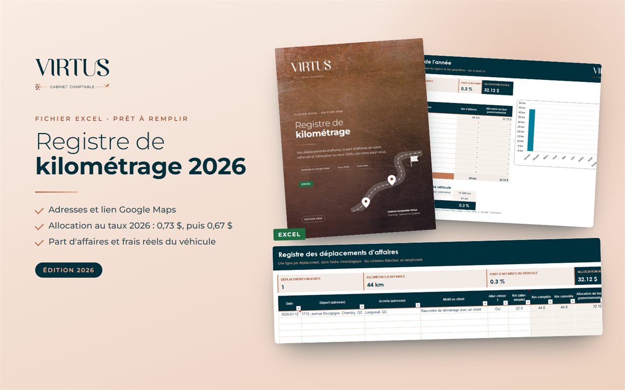 Le registre de kilométrage : la couverture, l'onglet Résumé et l'onglet Registre