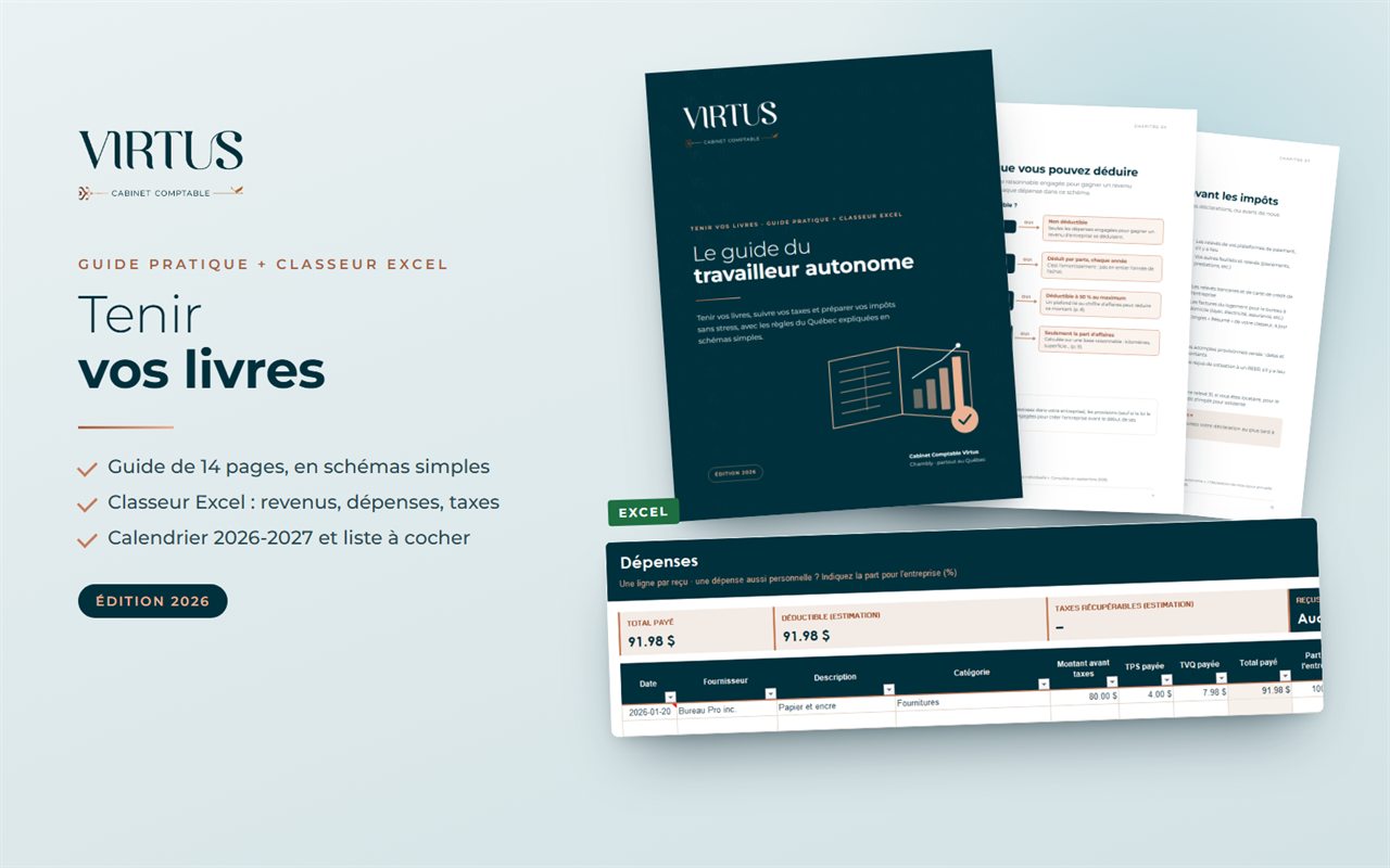 Tenir vos livres : la couverture du guide, deux pages intérieures et l'onglet Dépenses du classeur Excel